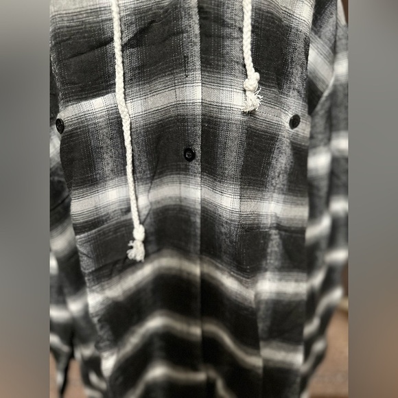 Womens Hooded Plaid Shirt Long Sleeve Button Down Jacket Shacket Loose Hoodie - Picture 5 of 5